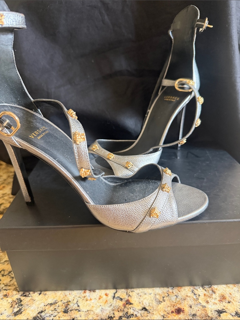 Versace Silver Leather Stiletto Sandals with Gold Medusa Studs